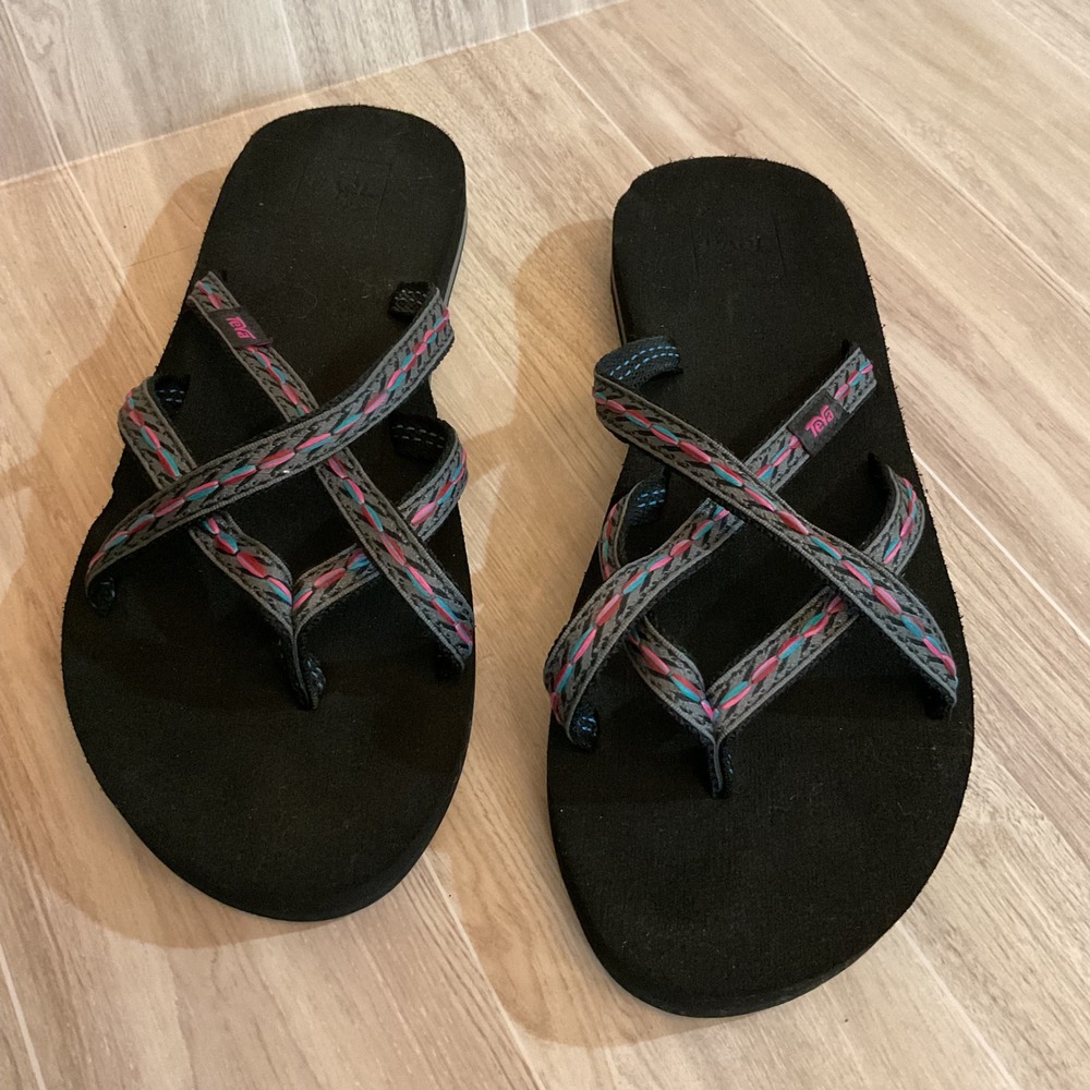 Teva Olowahu Black Multi Strap Sandals Womens 9 Mush Sole Flip Flops 6840